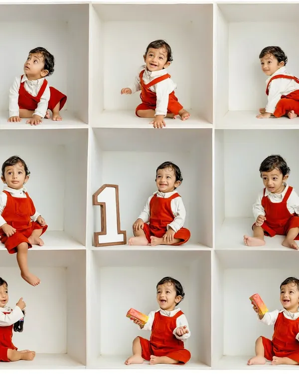 A perfect example of my box photography for a first birthday. This 9-grid collage shows a range of adorable moments, from playful to curious, all in one frame.