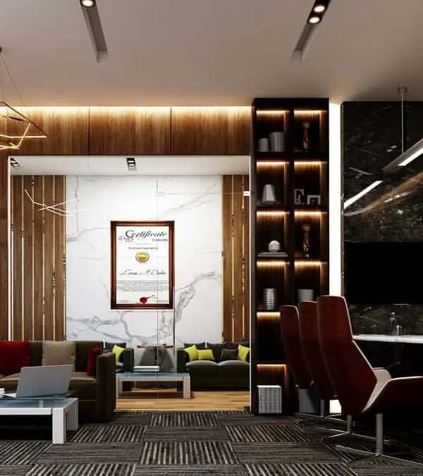This is an overview of a multi-functional office space, combining an executive work area with a comfortable lounge for informal meetings. I used wood paneling, strategic cove lighting, and marble accents to create a sophisticated and professional atmosphere.