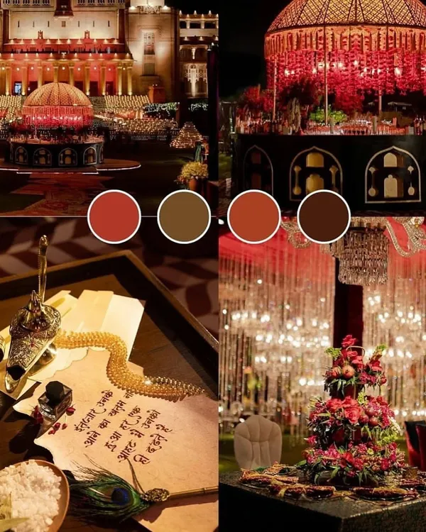 A mood board for a royal, Heeramandi-inspired wedding theme, featuring a rich color palette of deep reds, browns, and gold.