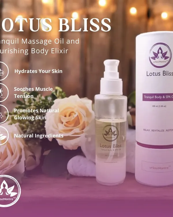 Discover the four key benefits of my nourishing body elixir. This tranquil massage oil hydrates your skin, soothes muscle tension, promotes a natural glowing skin, and is made with all-natural ingredients.