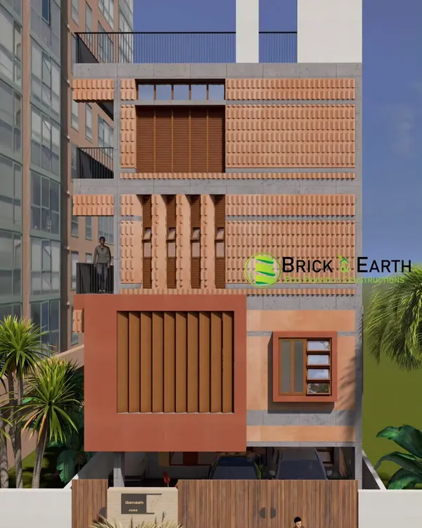 This 3D elevation concept shows a modern design using exposed brick and varied textures. This visualization process allows us to perfect the exterior look and material choices together.