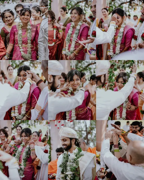 A nine-image grid capturing the key moments of a traditional wedding ceremony, from the exchange of garlands to blessings from family.
