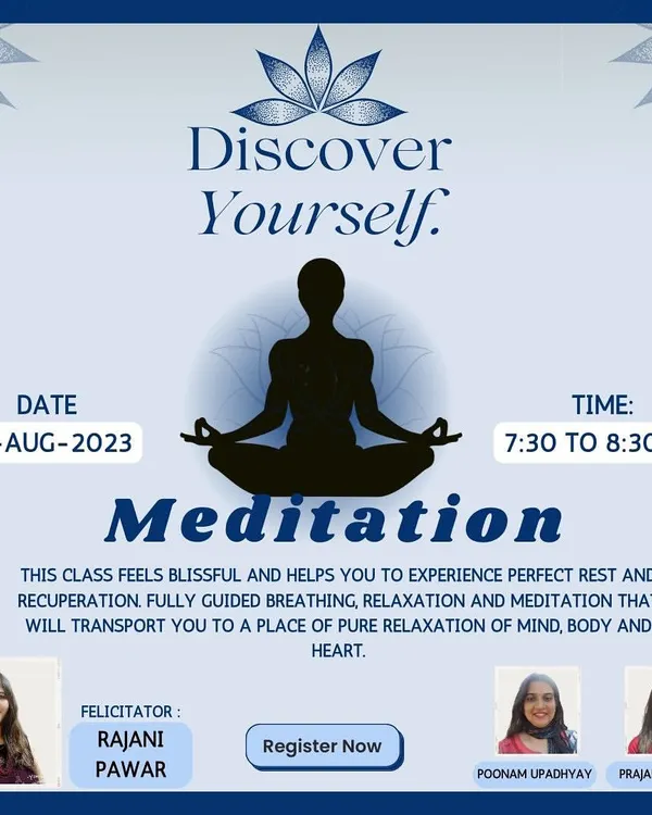 An announcement for a meditation workshop focused on self-discovery, self-love, and mindfulness.