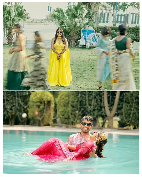 A collage from a fun-filled Haldi celebration, featuring a creative motion blur shot of the guests and a romantic couple portrait in the pool. This captures both the energy and intimacy of the event.