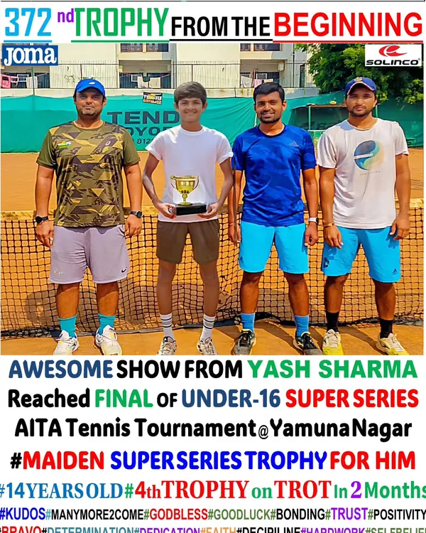 We are incredibly proud of Yash Sharma's performance, reaching the final of the Under-16 Super Series AITA Tennis Tournament. This marks his maiden Super Series trophy and his 4th win in just two months.