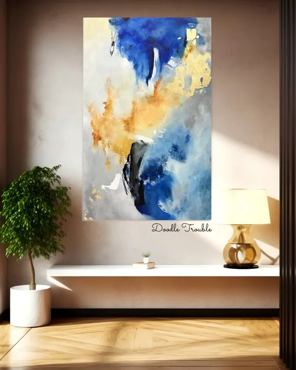 This large blue and gold abstract painting is shown in a different lighting and setting, demonstrating its versatility. It can anchor a room and complement various decor styles, from modern to transitional.