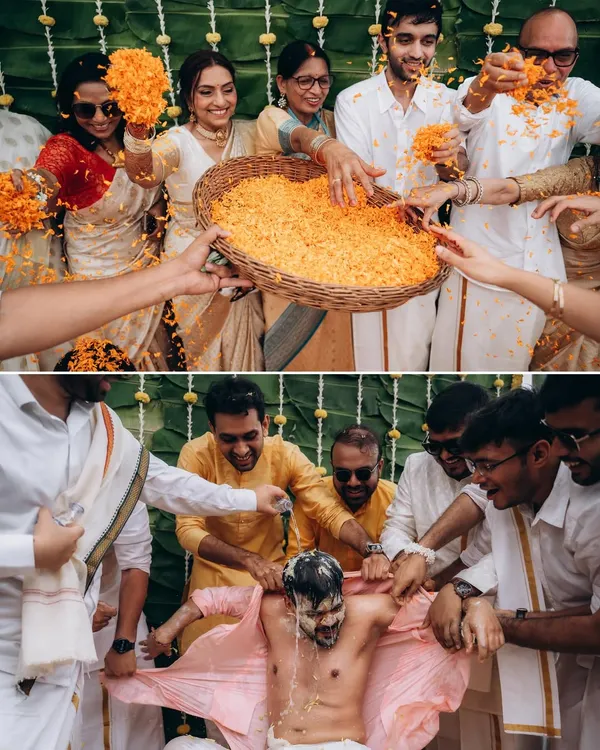 A collage of pure, unadulterated fun from the Haldi ceremony. From showering the groom with petals to drenching him in water, these are the chaotic moments that make the best memories.