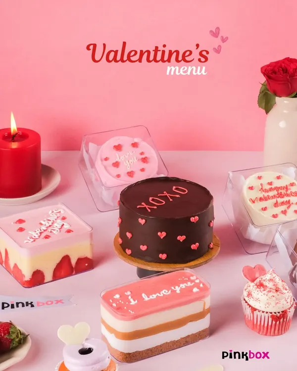 Our Valentine's menu is here to make your sweet gestures extra special. This spread includes our "XOXO" chocolate cake, "I love you" pastry, and heart-themed bento cakes.