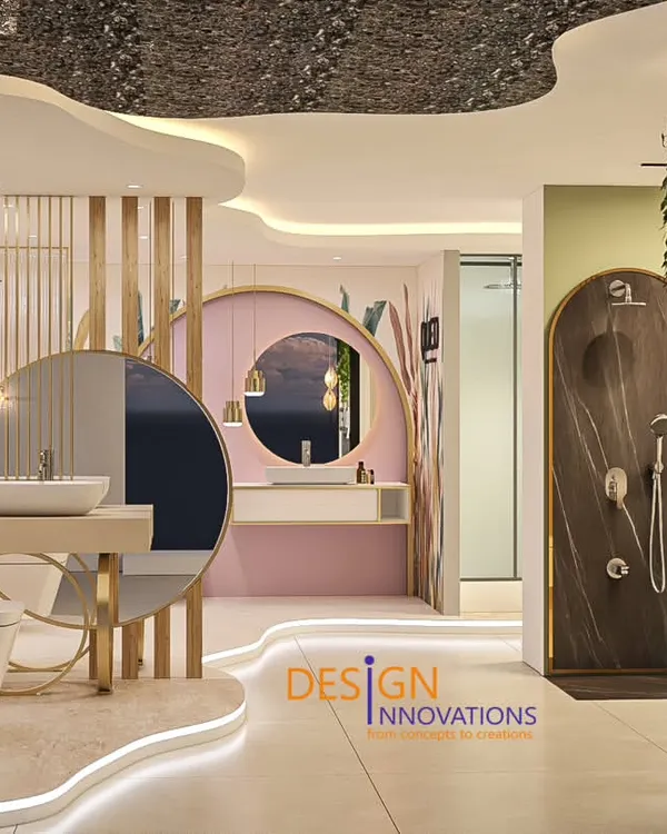 The hero view of our design for the QUEO bath lounge. The space is defined by its soft curves, textured ceiling, and layered lighting, creating a journey of discovery through different bathroom concepts and showcasing products in an aspirational setting.
