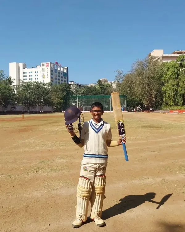 A brilliant all-round performance in the U-16 Mumbai Champions Trophy. Parth Rane celebrating after scoring an unbeaten 108 runs and taking 3 wickets.