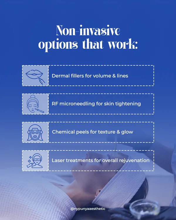 Botox isn't the only option for rejuvenation. I offer a range of effective non-invasive treatments, including dermal fillers for volume, RF microneedling for skin tightening, chemical peels for texture, and laser treatments for overall rejuvenation.
