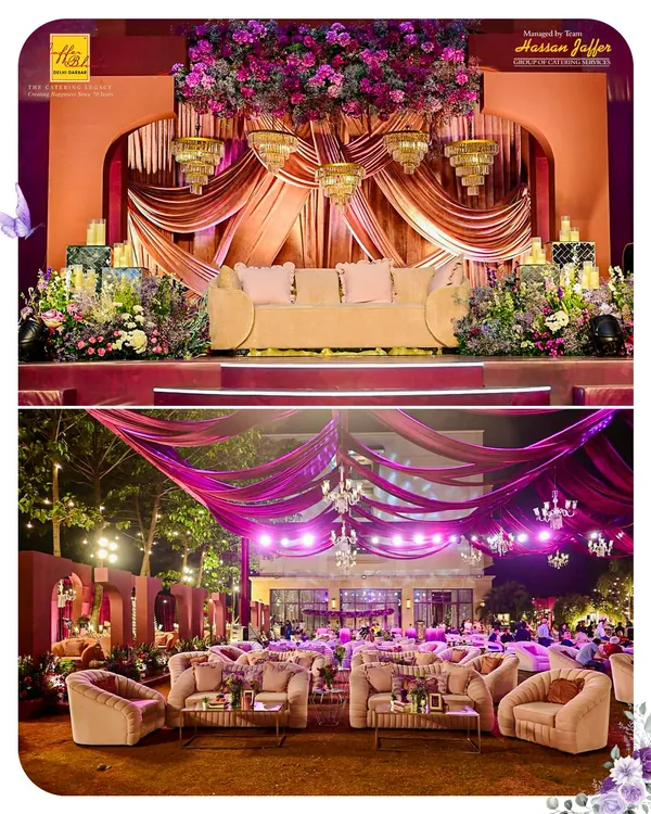 We create breathtaking settings for your most important moments. This collage showcases a beautifully draped stage with cascading chandeliers and a luxurious outdoor lounge area under a canopy of lights, perfect for a sangeet or reception.