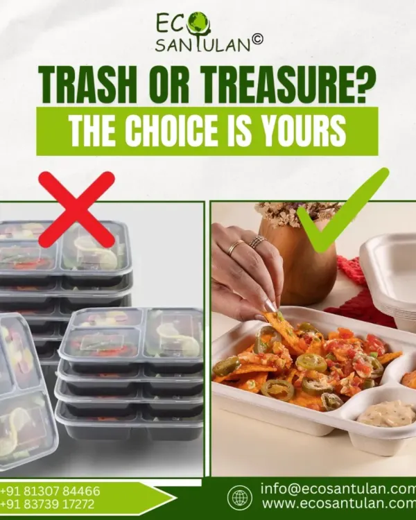 This image perfectly captures the choice we face every day. On the left, you see a stack of plastic containers that will pollute our land for centuries. On the right, you see a sturdy, compostable alternative made from sugarcane pulp, holding a delicious meal. This simple swap is the first step towards a cleaner planet.