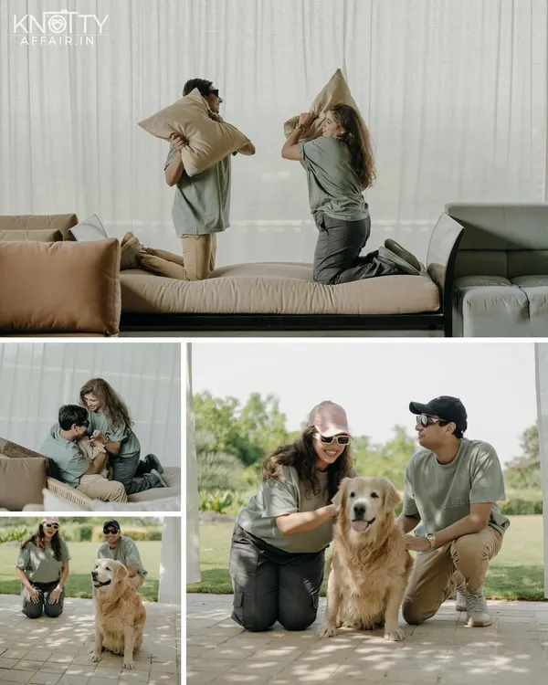 A collage of pure joy. From a playful pillow fight to cuddles with their beloved golden retriever, this collection captures the fun-loving spirit of this couple and their furry family member.