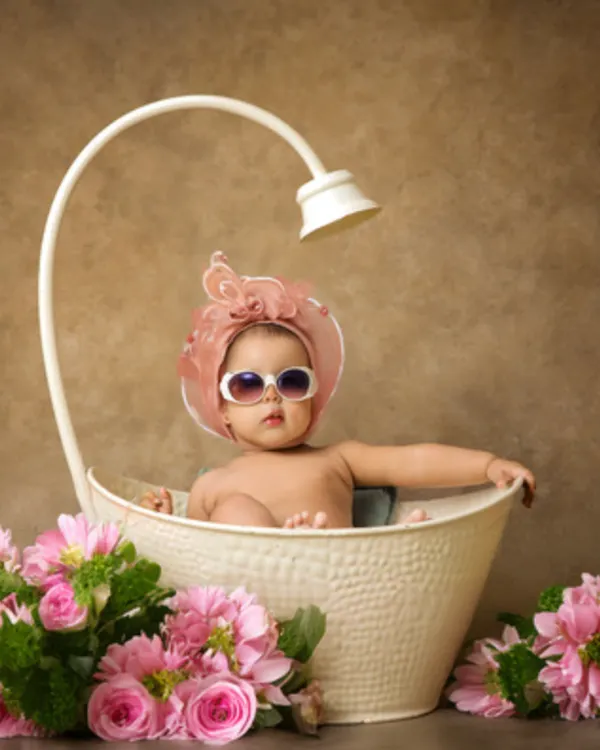 This sitter session is all about capturing that budding personality. I love creating fun, playful setups like this vintage tub scene, complete with stylish sunglasses and fresh flowers, to celebrate your baby's milestone moments.