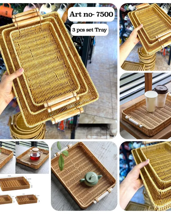 This set of three handwoven serving trays with wooden handles is a must-have for any host. They are perfect for serving drinks, snacks, or as a decorative base for your centerpieces.