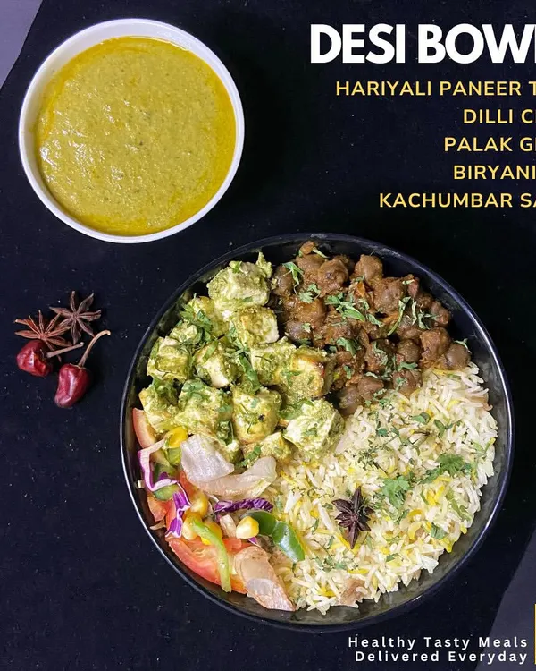 This is one of our Desi Bowls, packed with Hariyali Paneer Tikka, Dilli Chole, and Biryani Rice. It's proof that you can enjoy the comfort of Indian food while staying on track with your nutrition.