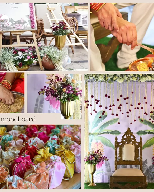 This moodboard captures the essence of a traditional Seemant ceremony I planned. It showcases the blend of sacred rituals, vibrant decor with a royal throne, colorful potli favors, and the beautiful, emotional moments of the day.