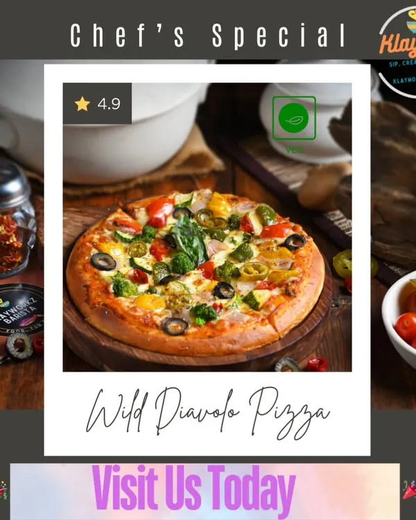 Meet our Chef's Special, the Wild Diavolo Pizza. It's loaded with fresh vegetables, spicy jalapenos, and plenty of cheese, making it a fiery and flavorful choice for any pizza lover.
