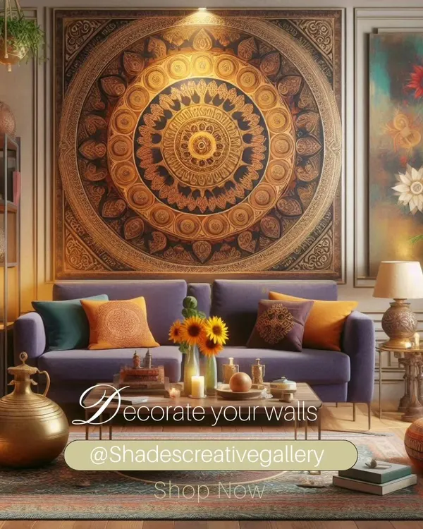 This living room is centered around a large, intricate Vaastu Mandala painting. Mandalas are sacred designs used to harmonize energy, and we create custom pieces like this to foster peace, prosperity, and well-being in your home.