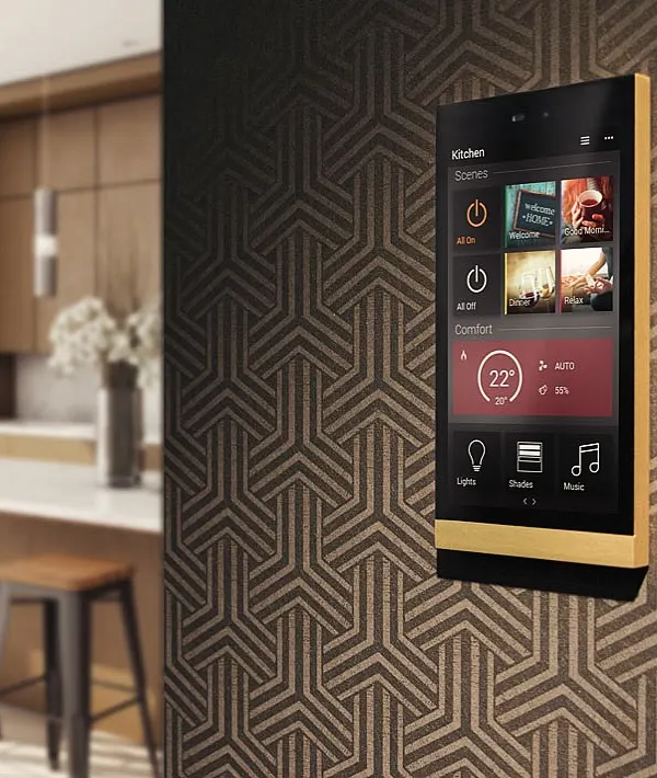 This elegant wall-mounted touch panel is the command center for your smart home. From this single interface, you can activate preset scenes like "Welcome Home" or "Movie Night," and individually control lights, music, temperature, and shades.