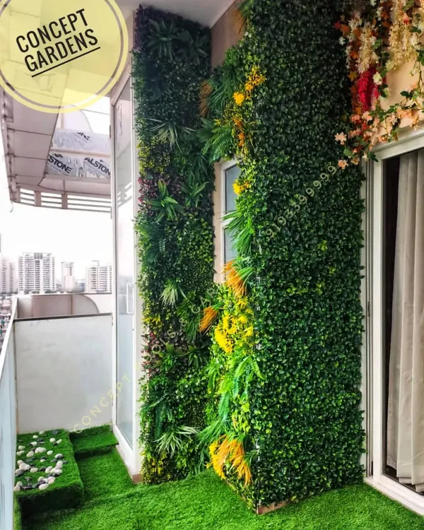 A complete balcony makeover featuring a combination of different textures. We used high-density artificial turf for the flooring and two styles of vertical gardens to create a dynamic and visually interesting space.
