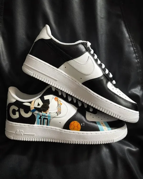 A tribute to the GOAT, Lionel Messi, on a pair of custom Nike Air Force 1s, featuring him in his Argentina jersey.
