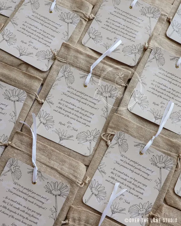 For a large wedding order, I created these custom thank you notes, which were attached to rustic jute bags. It's these personal touches that make favors memorable.