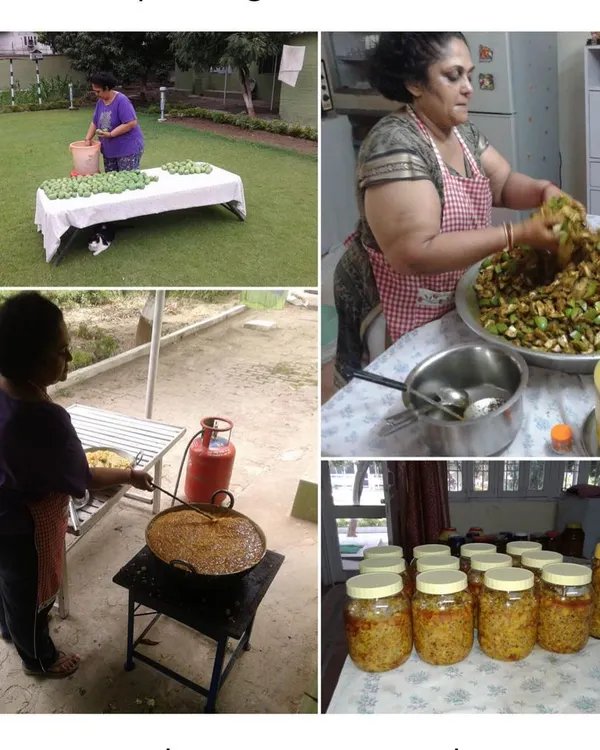 This collage captures the journey of my pickle making. From drying fresh ingredients in the sun to mixing large batches in a kadai and finally bottling them up, this is how I spend my days. This business has truly been a transformative experience.
