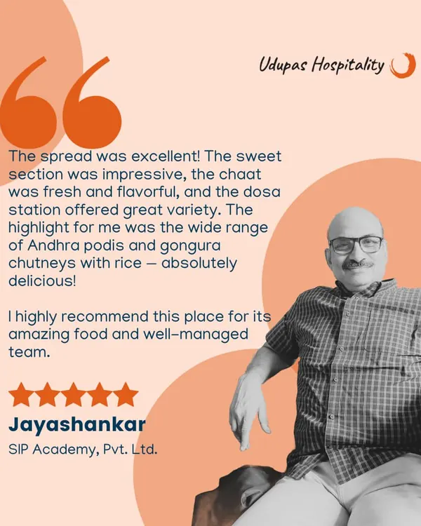 We are grateful for this wonderful review from Mr. Jayashankar of SIP Academy. He highlights our excellent spread, fresh chaat, varied dosa station, and the authentic Andhra podis and gongura chutneys.