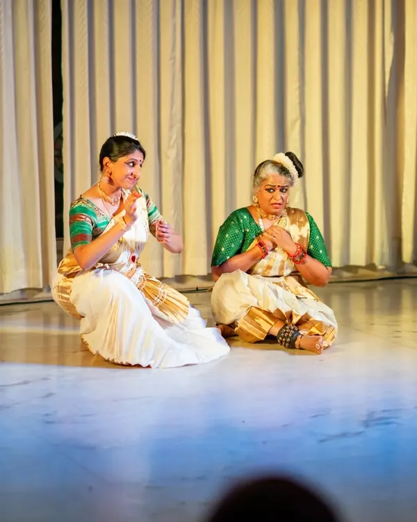 An emotive scene from "Uthara," an experimental piece based on the Mahabharata, presented at an intimate retreat setting.