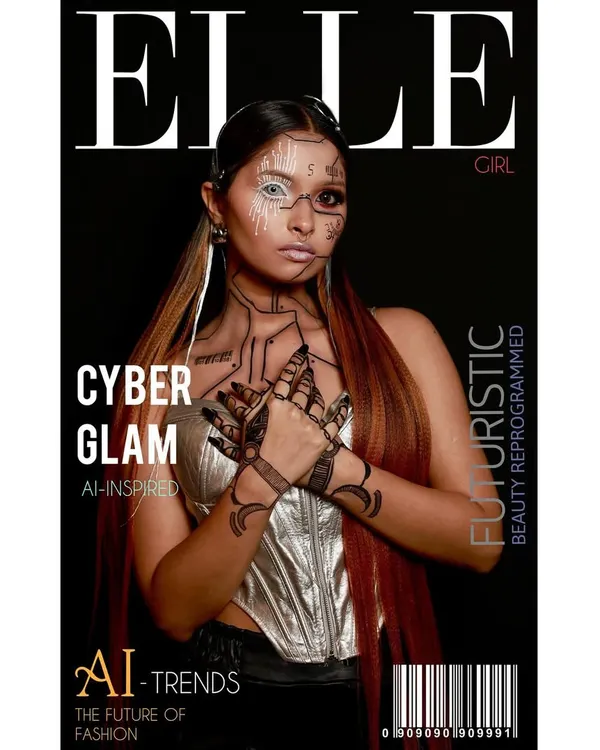 This Cyber Glam look, featured as an ELLE Girl cover, is a perfect example of my passion for futuristic, AI-inspired beauty. I used precise line work and contrasting textures to create a look that is both edgy and high-fashion, showcasing my skills in avant-garde makeup artistry.