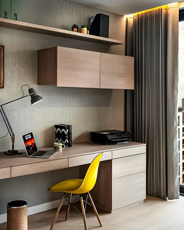 A compact and efficient home office nook with a view. The floating desk and wall-mounted cabinets in a light wood finish maximize floor space, while the bright yellow chair adds a pop of color and energy.