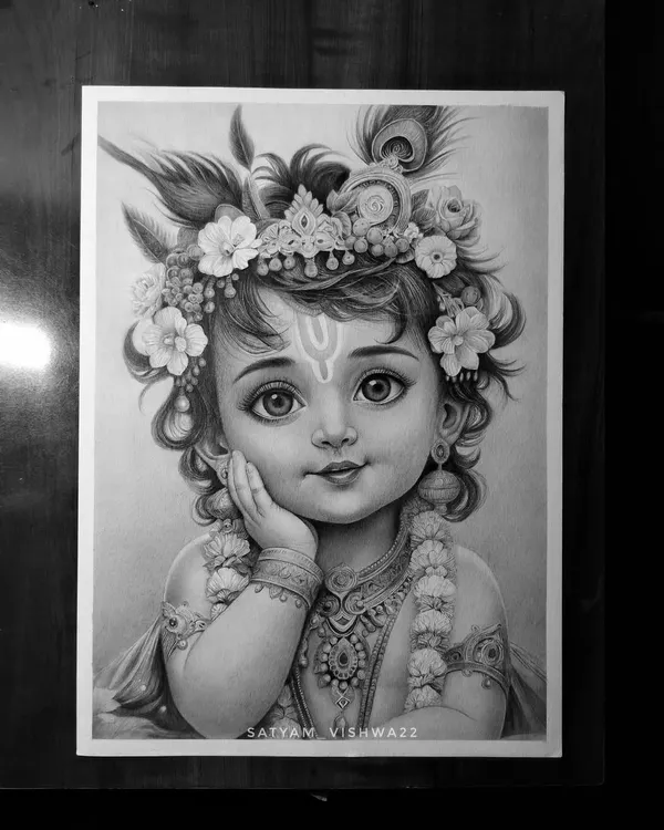 A detailed and endearing portrait of Bal Krishna, also known as Ladoo Gopal. I focused on his innocent eyes and soft features, making this a cherished piece for any devotee's home.