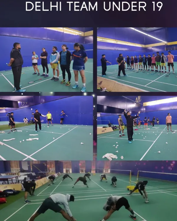 A collage showing the Delhi Under-19 team during a training camp for the nationals. We cover everything from intense physical conditioning and multi-shuttle drills to strategy sessions.