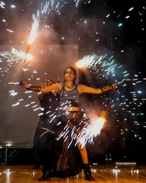 A high-energy moment captured during a wedding performance in Mysore. We love adding that extra spark to make special occasions truly unforgettable, combining fire artistry with safe and spectacular pyrotechnics.