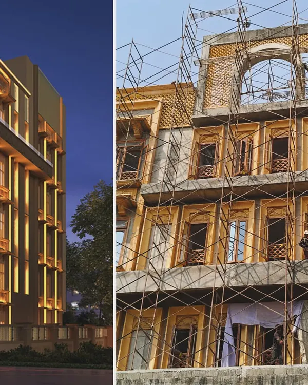 A comparison of the architectural render and the on-site construction of the Jain Upashray in Vile Parle, Mumbai. This image shows our vision for a contemporary expression of cultural heritage being brought to life with meticulous detail.