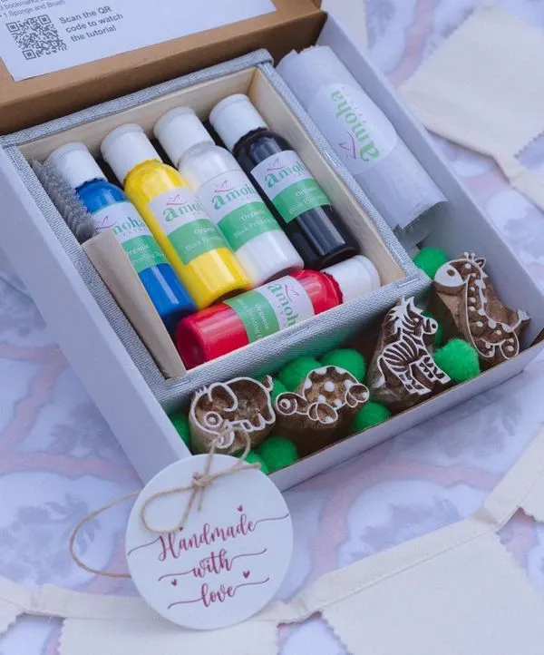 This is our bestselling Animal Kingdom DIY kit, designed to spark creativity in young artists. It comes with four hand carved animal blocks, a cloth bunting, bookmarks, and my special organic, child safe paints. It’s a wonderful way to introduce children to the joy of making things by hand.
