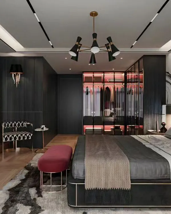 We designed this master bedroom with a dark, luxurious theme. It features a floor-to-ceiling wardrobe with integrated pink backlighting, a statement chandelier, and a sleek, modern bed, creating a bold and sophisticated retreat.