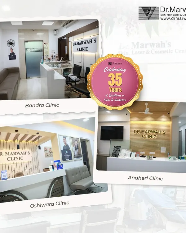 Celebrating 35 years of excellence, this collage shows our three state-of-the-art clinics in Bandra, Oshiwara, and Andheri. Each location is equipped with the latest technology to provide trusted dermatological and cosmetic care.