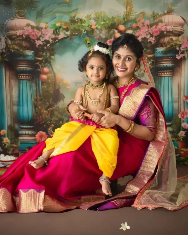 A complete setup for a magical Yashoda Krishna photoshoot. I style the entire scene with rich fabrics, traditional props, and a divine backdrop to create an unforgettable portrait of you and your child.