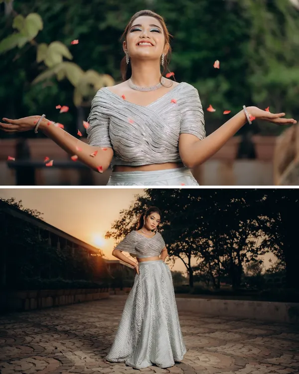 A beautiful two-photo collage of the bride. The top image captures her joy as she throws petals in the air, while the bottom is a stunning full-length portrait against the setting sun.
