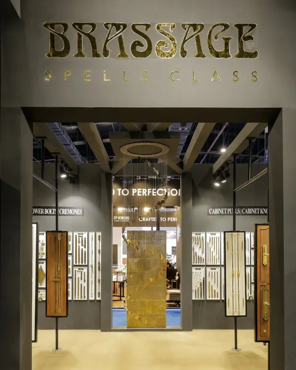 The entrance to my stall at Indiawood 2025. I designed the space to be an immersive experience, inviting visitors to step into the world of Brassage and explore the artistry and craftsmanship that goes into every piece of hardware I create.