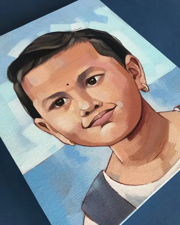 This is a commissioned acrylic portrait of Mihika. My goal was to capture her playful and curious expression with bold brush strokes and a warm color palette on a textured canvas.