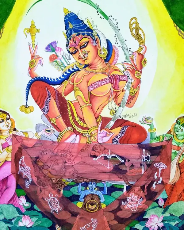 This painting, "Lalita Tripurasundari," is a culmination of deep scriptural study and artistic vision. It depicts the Great Goddess creating the ten avatars of Vishnu from her very fingernails, a concept from the Lalita Sahasranama. Every detail, from the Navamundi aasana to the expressions of Maya and Medha, is rendered to convey the divine play, or 'Leela', of the cosmos.