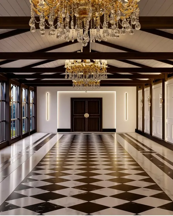 This is a glimpse into the redesign of the iconic Gallops Banquet Hall at the Mahalaxmi Racecourse. My vision was to create a space that feels both grand and versatile. The dramatic black and white marble flooring, combined with rustic wooden beams and magnificent crystal chandeliers, provides a timeless canvas for any significant event.