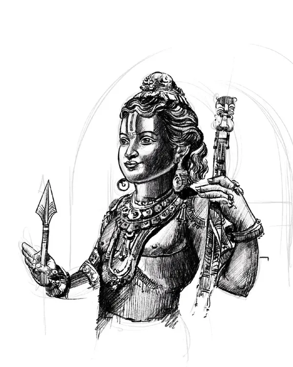 The detailed line art stage of my Ram Lalla digital painting. This black and white sketch focuses on the intricate details of the idol's form and ornamentation before color is added.