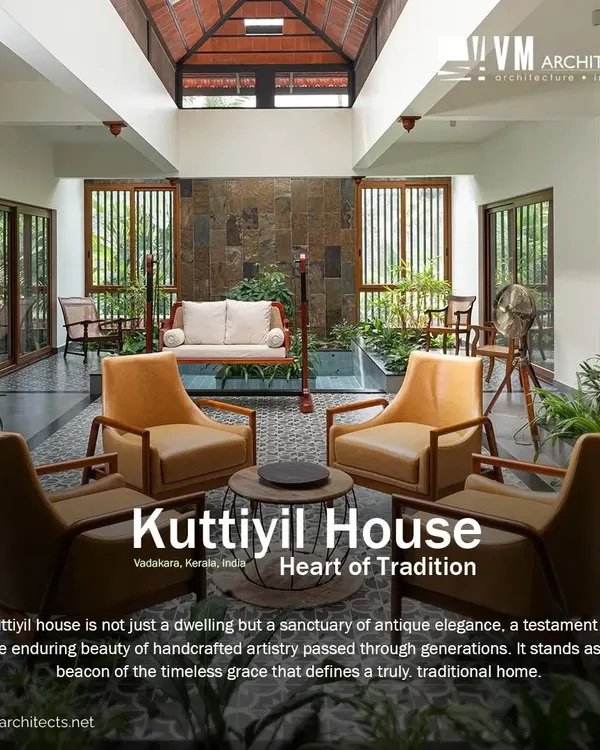 This is the heart of Kuttiyil House, where I designed a central courtyard that brings light, air, and nature into the home. It’s a modern interpretation of a traditional Kerala nadumuttam, featuring a stone feature wall, classic swing, and patterned flooring that together create a sanctuary of antique elegance and calm.
