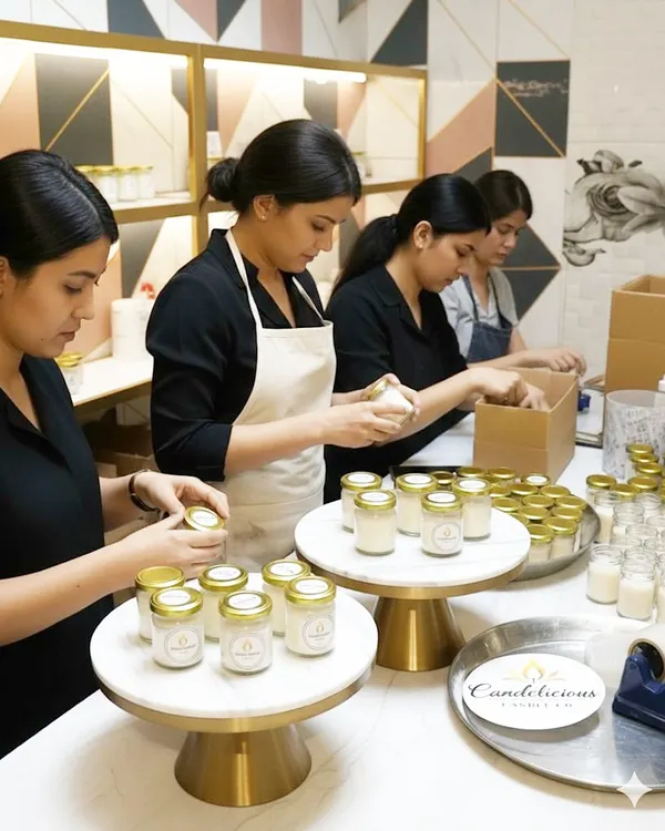 Behind the scenes in my workshop. Here, my team and I are carefully packing an order of scented jar candles, ensuring each one is perfect for your event guests.