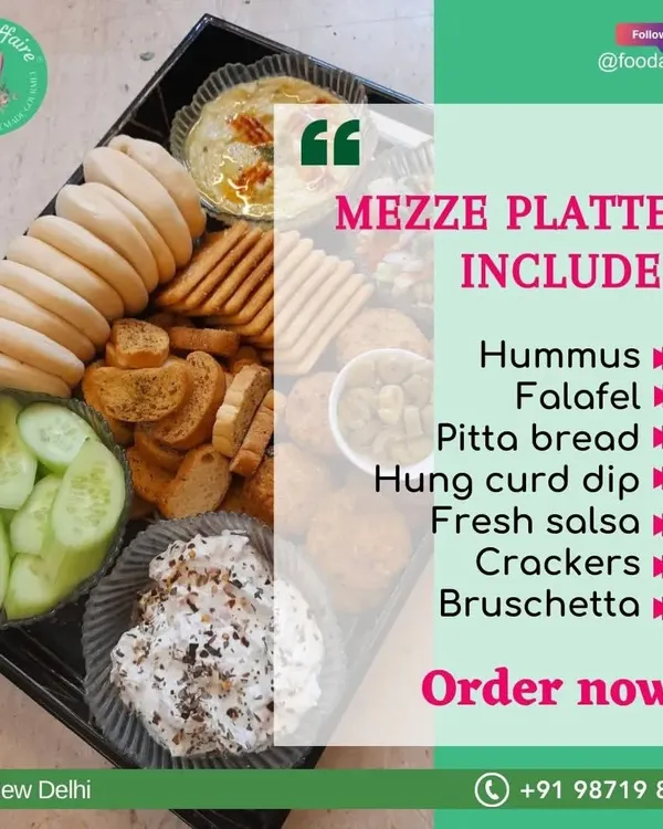 My Mezze Platter is perfect for any house party. It includes hummus, falafel, pitta bread, hung curd dip, fresh salsa, crackers, and bruschetta.